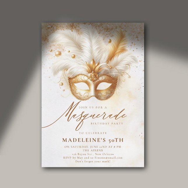 Masquerade Mask Gold White Dramatic 50th Birthday Invitation (masquerade birthday party 50th for women white gold watercolor elegant modern classy stylish)