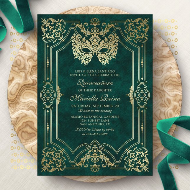 Masquerade Mask Green Elegant Quinceanera Invitation (Creator Uploaded)