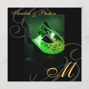 Masquerade Mask Green  Swirl Wedding Invitation