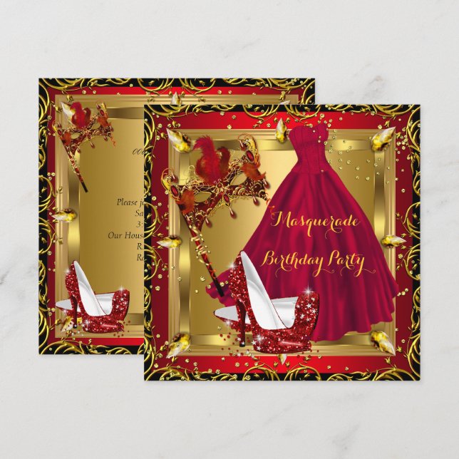 Masquerade Mask High Heel Shoe Red Birthday 4 Invitation (Front/Back)