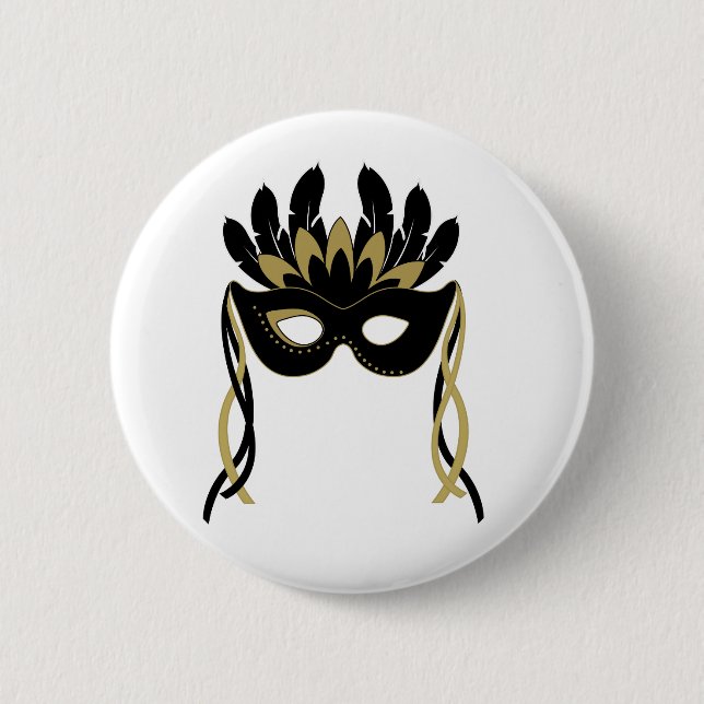 Masquerade Mask in Black and Gold Button Badge (Front)