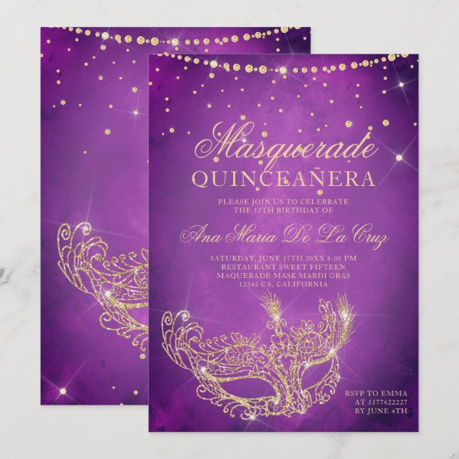 Masquerade mask lilac gold glitter quinceanera invitation (Front/Back)