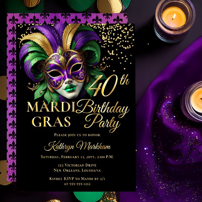 Masquerade Mask Mardi Gras 40th Birthday Party (Elegant Purple Green Gold Tone Masquerade Mask Mardi Gras 40th Birthday Party Gold Foil Invitation )