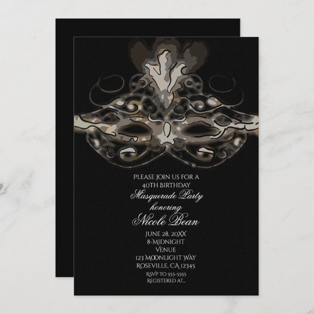 Masquerade Mask Modern Chic Hand Drawn Invitation (Front/Back)