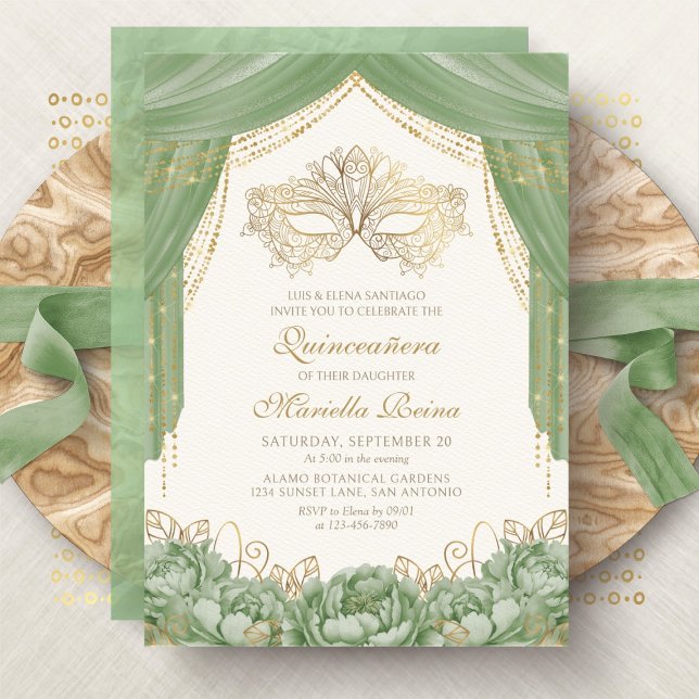 Masquerade Mask Modern Sage Green Quinceanera Invitation (Creator Uploaded)