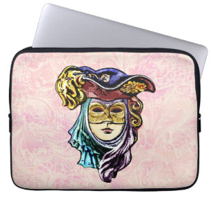 Masquerade Mask on Dusty Pink Brocade Pattern Laptop Sleeve