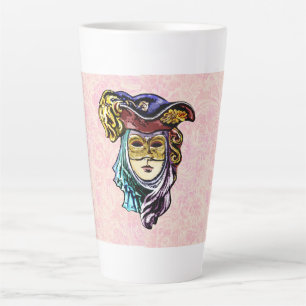 Masquerade Mask on Dusty Pink Brocade Pattern Latte Mug
