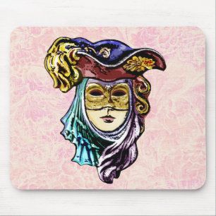Masquerade Mask on Dusty Pink Brocade Pattern Mouse Pad