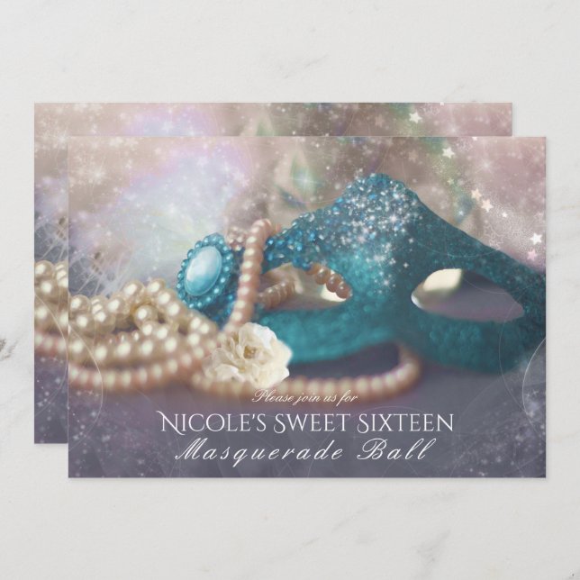 Masquerade Mask & Pearls Rainbow Party Invitations (Front/Back)