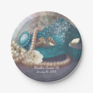 Masquerade Mask & Pearls Rainbow Party Plates