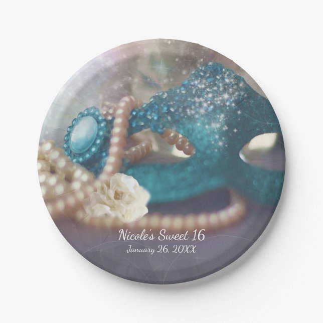 Masquerade Mask & Pearls Rainbow Party Plates (Front)