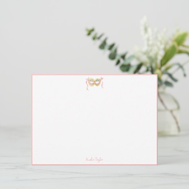 Masquerade Mask Pink Personalized Stationery Card (Standing Front)