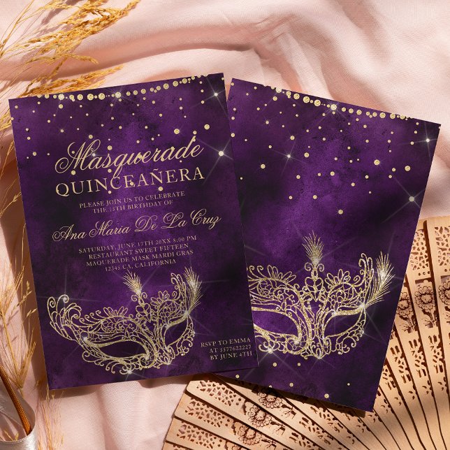 Masquerade mask purple gold glitter quinceanera invitation (Creator Uploaded)
