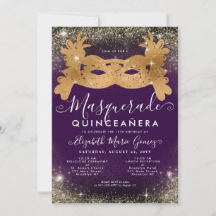Masquerade Mask Purple Gold Glitter Quinceanera Invitation