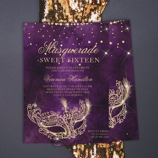 Masquerade mask purple gold glitter Sweet 16 Invitation (Creator Uploaded)