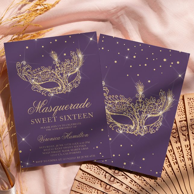 Masquerade mask purple gold glitter Sweet 16 Invitation (Creator Uploaded)