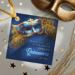 Masquerade Mask Quinceanera Blue Gold ID1031 Favour Tags