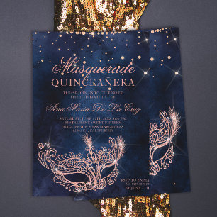 Masquerade mask rose gold glitter quinceanera invitation