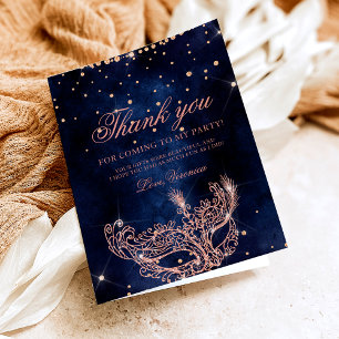Masquerade mask rose gold glitter sparkle chic thank you card