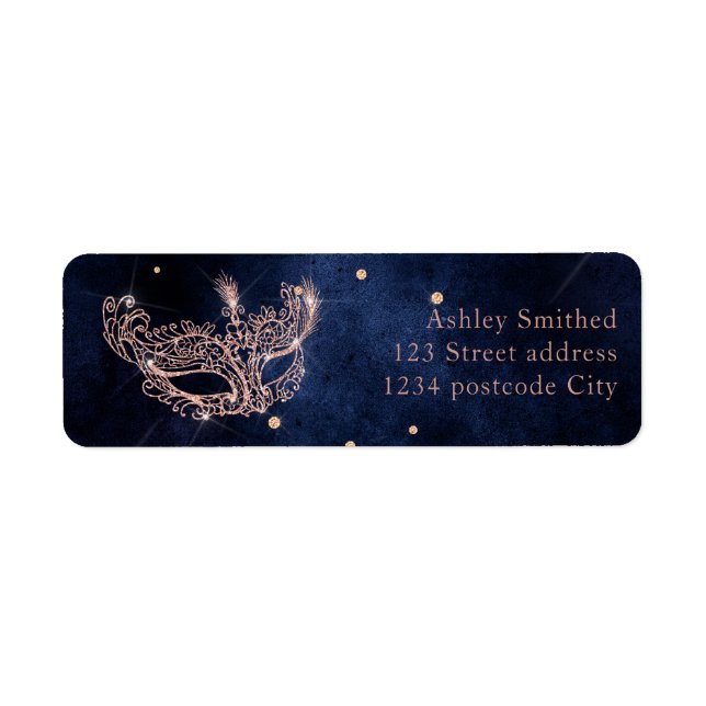 Masquerade mask rose gold glitter sparkle return address label (Front)
