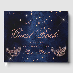Masquerade mask rose gold glitter sparkle Sweet 16 Guest Book