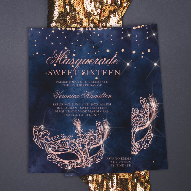 Masquerade mask rose gold glitter sparkle Sweet 16 Invitation (Creator Uploaded)