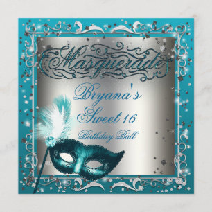 Masquerade Mask Silver & Aqua Teal Birthday Party Invitation