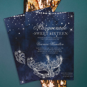 Masquerade mask silver glitter sparkles Sweet 16 Invitation