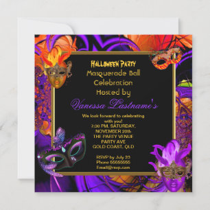 Masquerade Masked Purple Orange Halloween Party Invitation