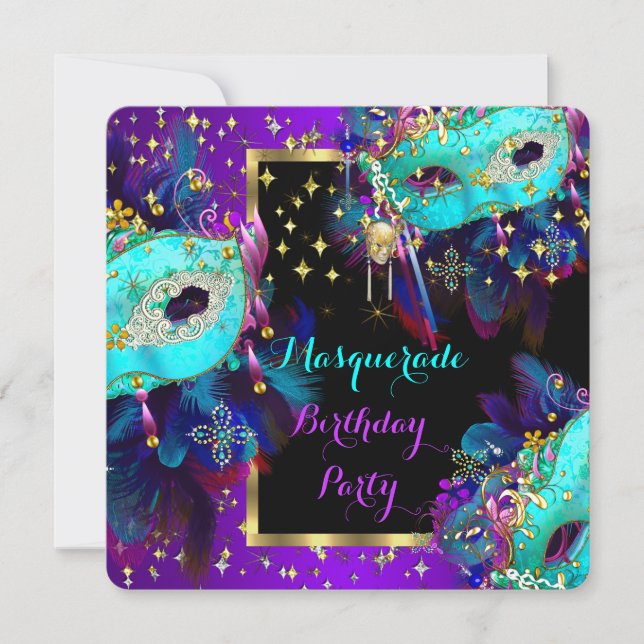 Masquerade Masked Teal Blue Purple Birthday Party Invitation (Front)