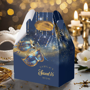 Masquerade Masks Sweet Sixteen Blue Gold ID1032 Favour Box