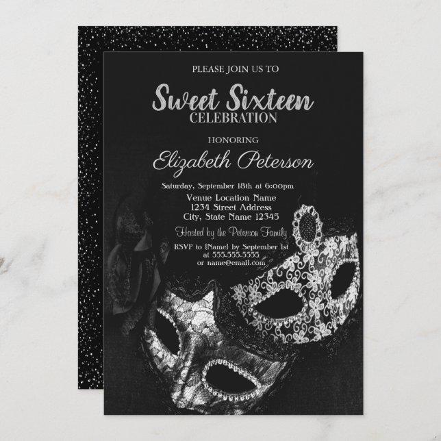 Masquerade,Masque,Black,Grey Confetti Sweet 16 Invitation (Front/Back)