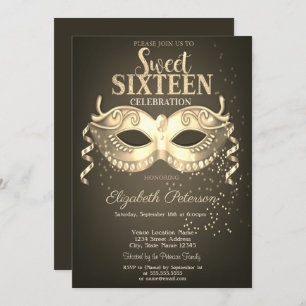 Masquerade,Masque,Confetti Sweet 16 Gold Invitation