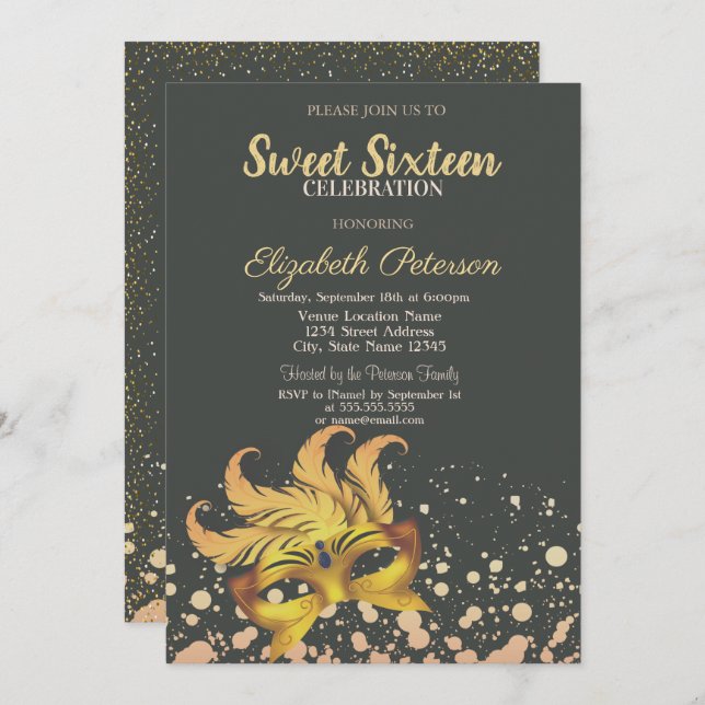 Masquerade,Masque,Dots,Confetti Sweet 16 Invitation (Front/Back)