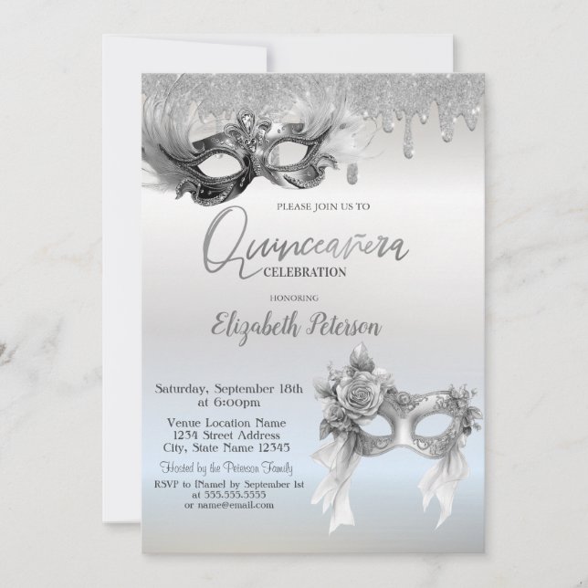 Masquerade Masque Glitter Drips Silver Quinceanera Invitation (Front)