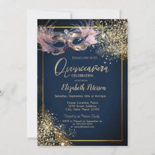 Masquerade Masque Glitter Navy Blue Quinceanera Invitation