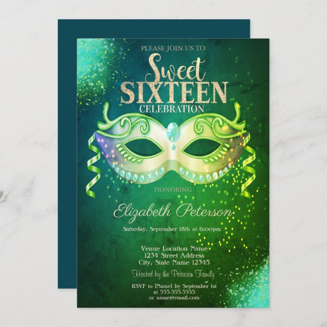Masquerade,Masque,Green Sweet 16 Gold Invitation (Front/Back)