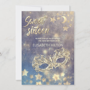 Masquerade moon & stars calligraphy sweet sixteen  invitation