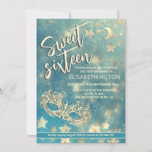 Masquerade moon & stars calligraphy sweet sixteen  invitation