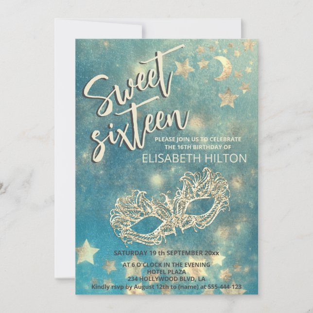 Masquerade moon & stars calligraphy sweet sixteen  invitation (Front)