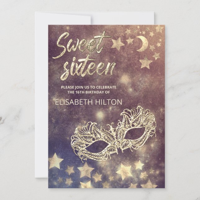 Masquerade moon & stars calligraphy sweet sixteen  invitation (Front)