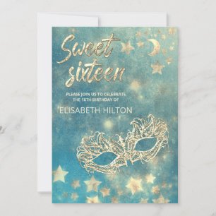 Masquerade moon & stars calligraphy sweet sixteen  invitation