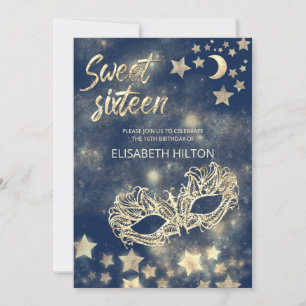 Masquerade moon & stars calligraphy sweet sixteen invitation