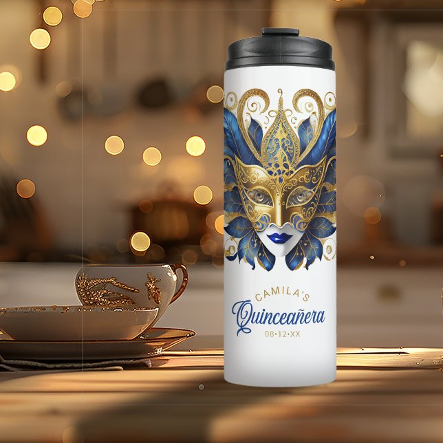 Masquerade Motif Quinceanera Blue Gold ID1031 Thermal Tumbler (Creator Uploaded)