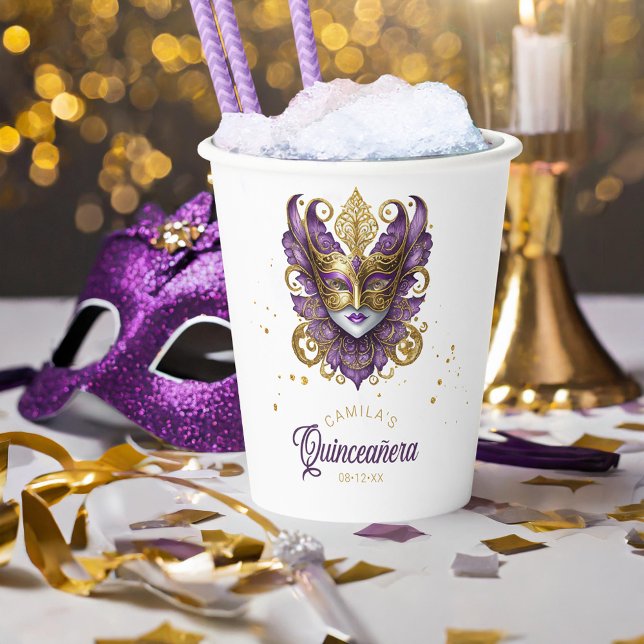 Masquerade Motif Quinceanera Purple Gold ID1031 Paper Cups (Creator Uploaded)