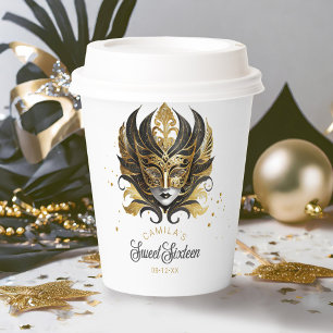 Masquerade Motif Sweet 16 Black Gold ID1032 Paper Cups