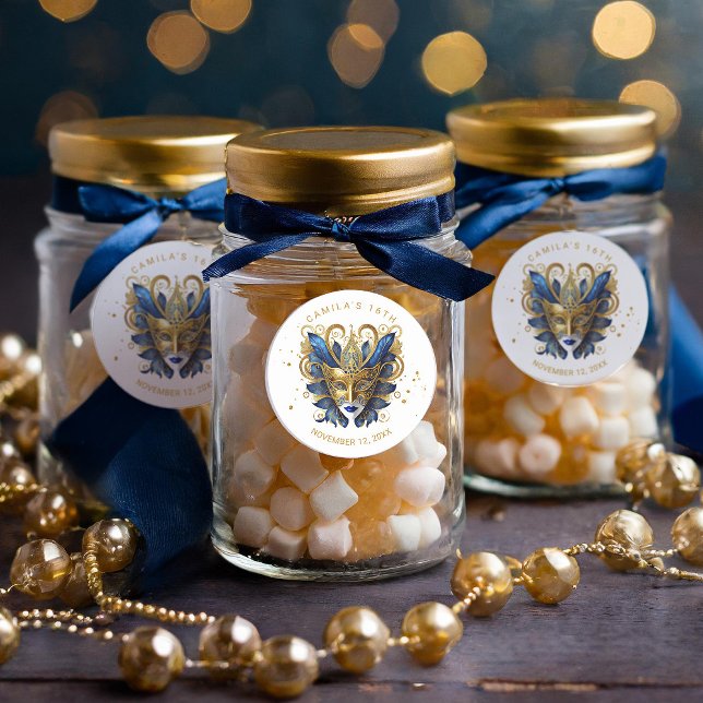 Masquerade Motif Sweet 16 Blue Gold  ID1032 Classic Round Sticker (Creator Uploaded)