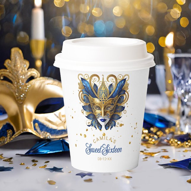 Masquerade Motif Sweet 16 Blue Gold ID1032 Paper Cups (Creator Uploaded)