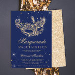 Masquerade navy blue gold glitter mask Sweet 16 Invitation<br><div class="desc">A modern,  chic and glamourous sweet sixteen with a hand drawn gold glitter masquerade mask with gold glitter diamond sparkles on an editable navy blue background with gold glitter at the back.</div>