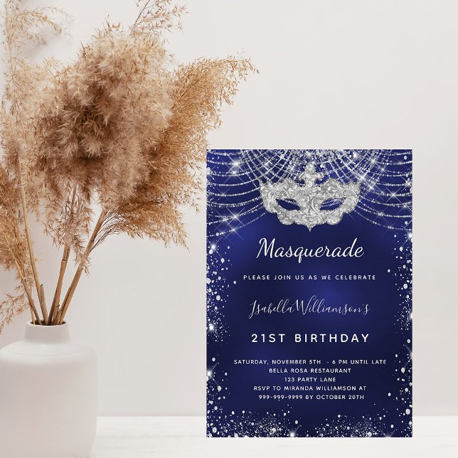 Masquerade navy blue silver birthday party invitation (Creator Uploaded)